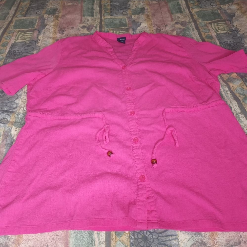 Basic Editions XL 100%Cotton Pink Shortsleeves ButtonUpCord Women's Shirt Blouse